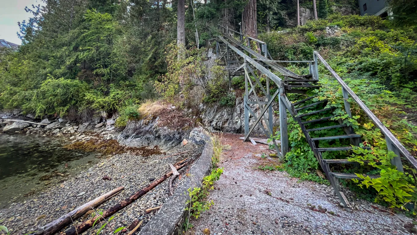 Photograph of derelict tram system replaced for safe shoreline access